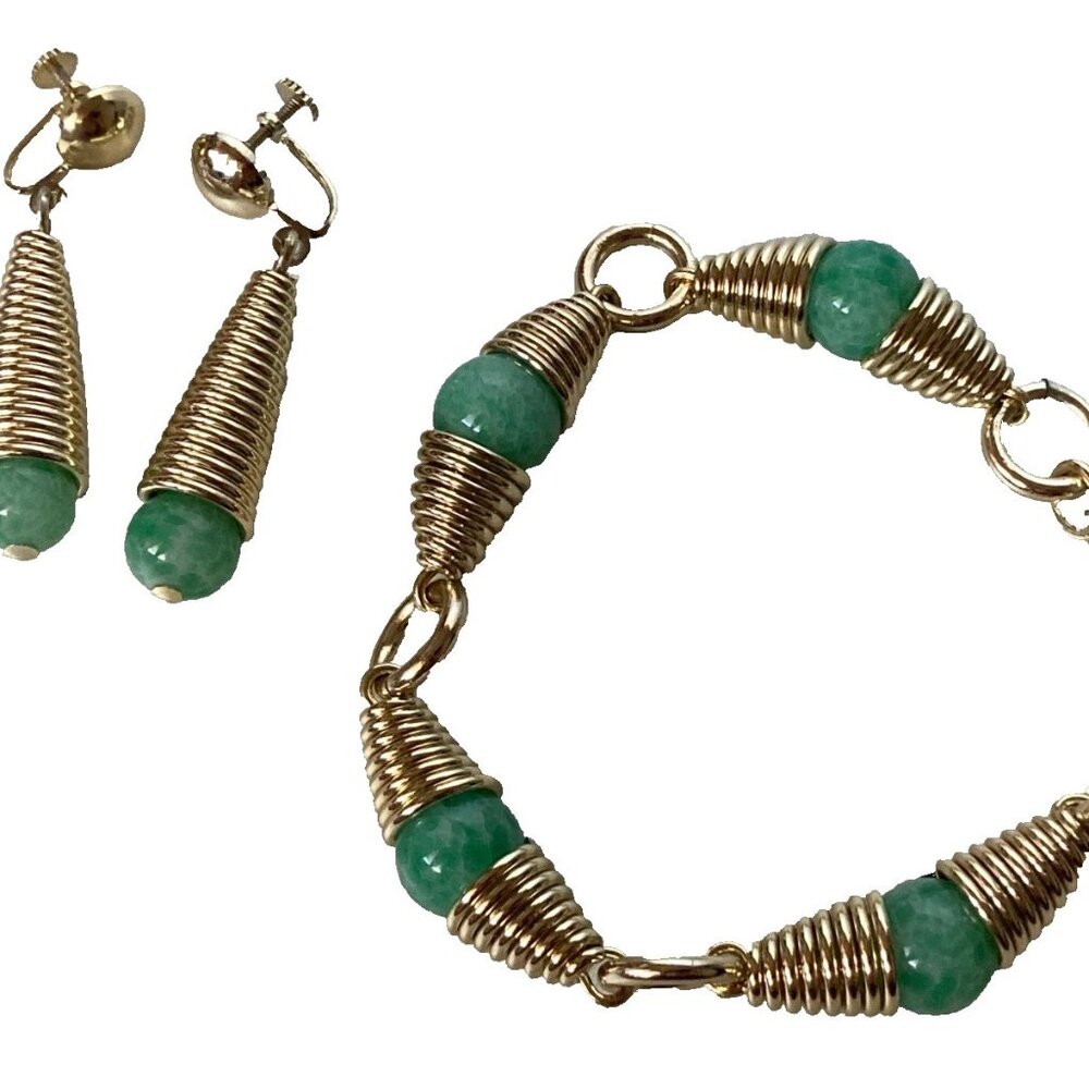 Marked Germany jewelry set bracelet and earrings gold tone green stone